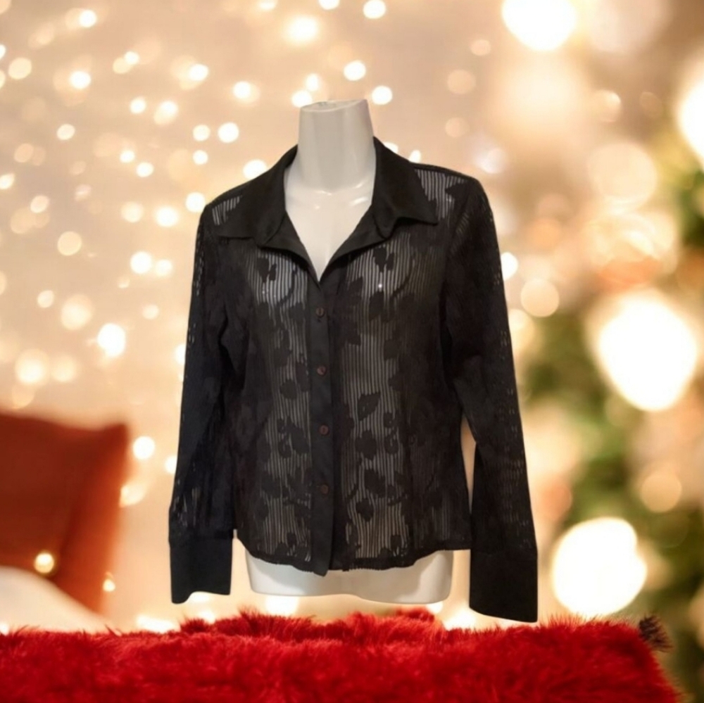 Baranda sheer top black dressy size L nice over dress Holiday ready flow…